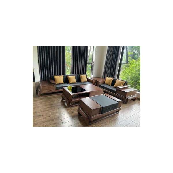 Sofa 2 văng chân quỳ gỗ sồi Nga sơn màu óc chó mã BG401
