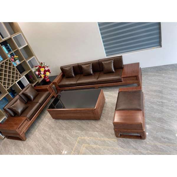 Sofa 2 văng chân quỳ gỗ sồi Nga sơn màu óc chó mã BG402